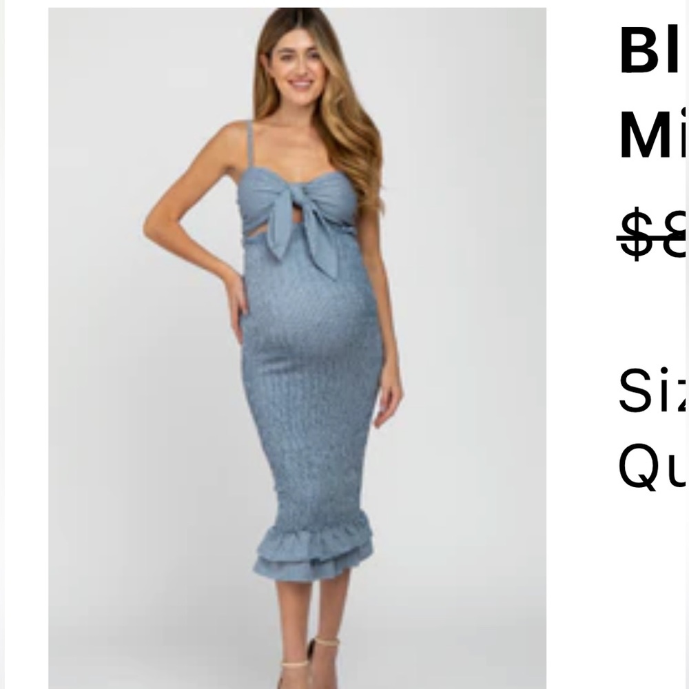 Blue Gingham Print Smocked Fitted Self-Tie Maternity Midi Dress Size Small